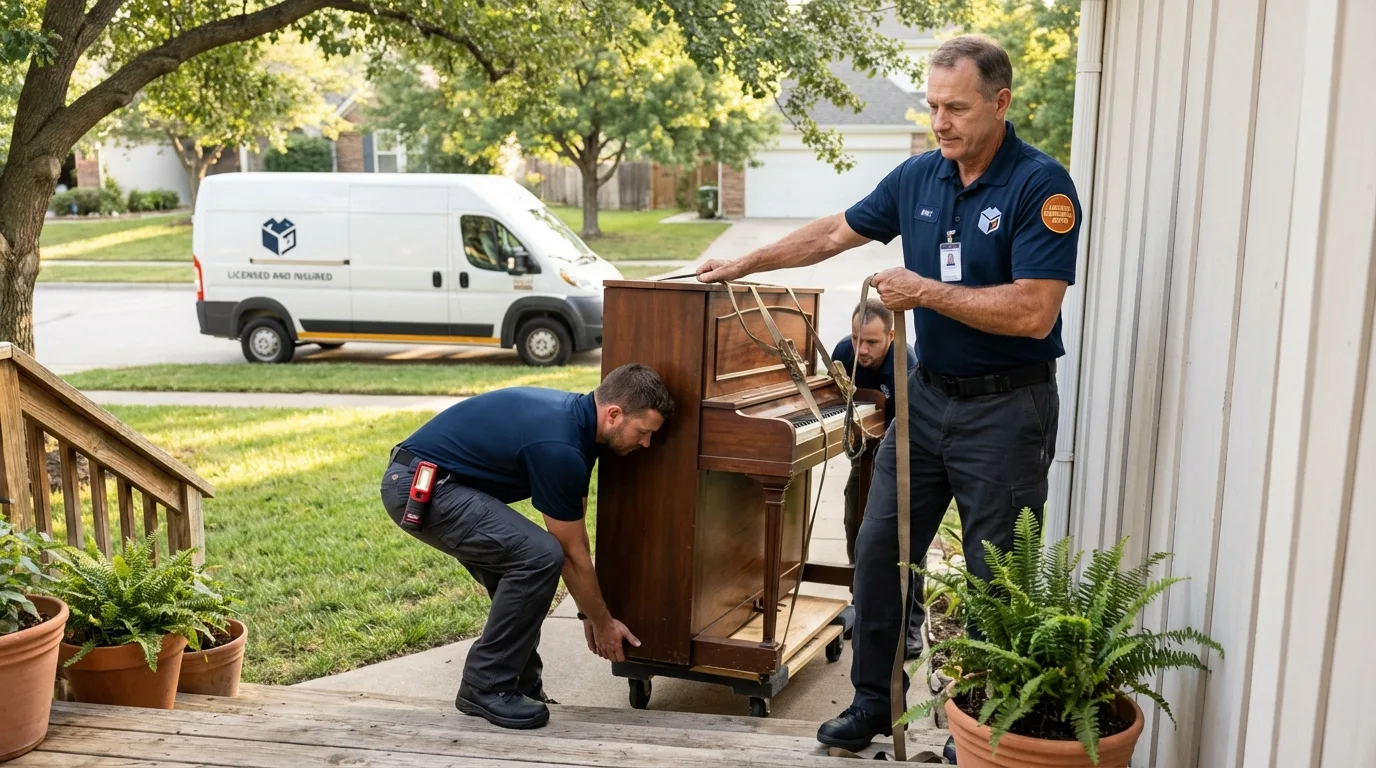 Licensed piano movers securing grand piano in Worland, WY