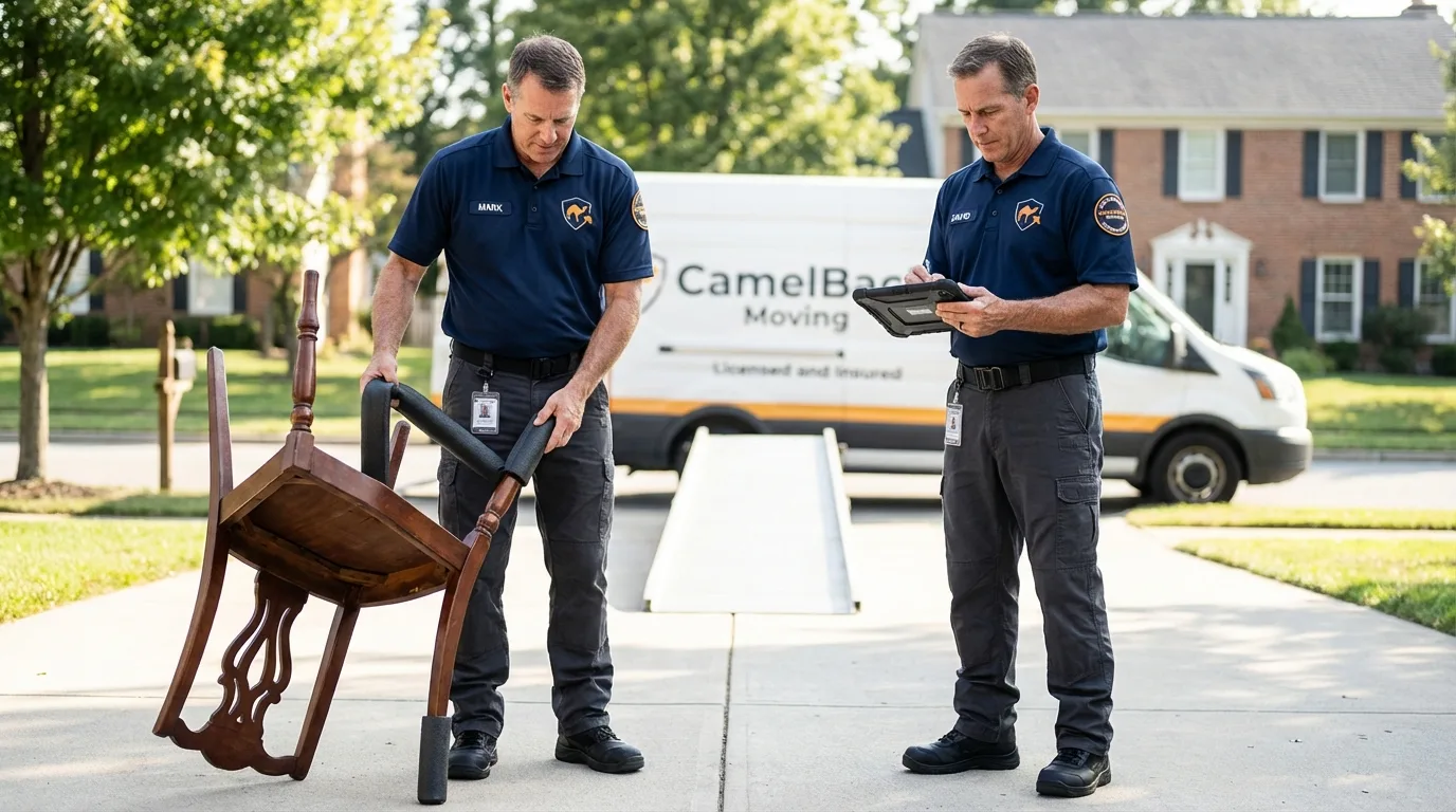 Movers inspecting furniture for damage prevention before loading in Worland, WY