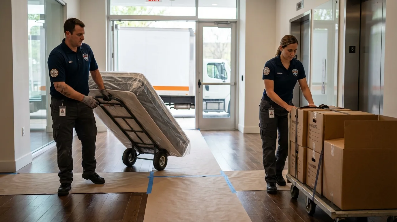 Professional apartment movers loading elevator in Worland, WY
