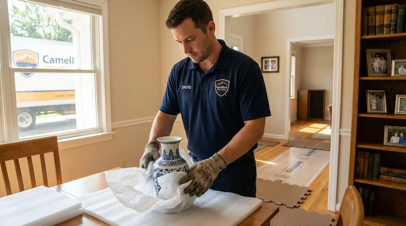 Professional crew carefully wrapping antique vase for senior downsizing move in Worland, WY